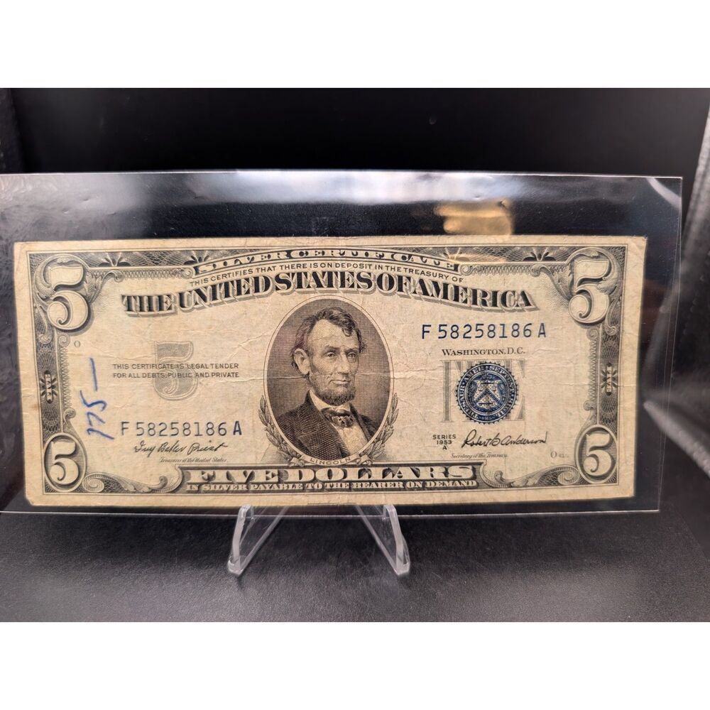 1953 A 5 Dollar Silver Certificate Blue Seal Vintage US Currency Paper Money